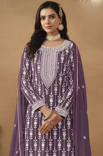 Designer purple faux georgette embroidery sharara suit