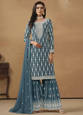 Designer grey faux georgette embroidery sharara suit 1