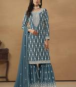 Designer grey faux georgette embroidery sharara suit