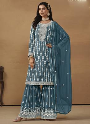 Designer grey faux georgette embroidery sharara suit 2