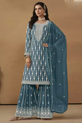 Designer grey faux georgette embroidery sharara suit