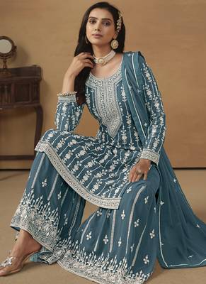 Designer grey faux georgette embroidery sharara suit 3