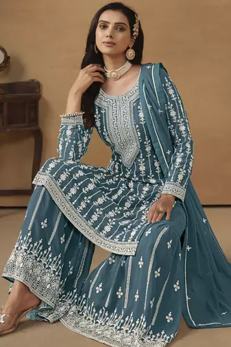 Designer grey faux georgette embroidery sharara suit