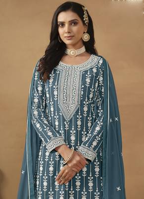 Designer grey faux georgette embroidery sharara suit 4