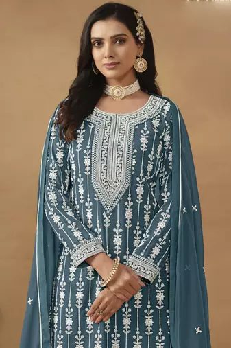 Designer grey faux georgette embroidery sharara suit