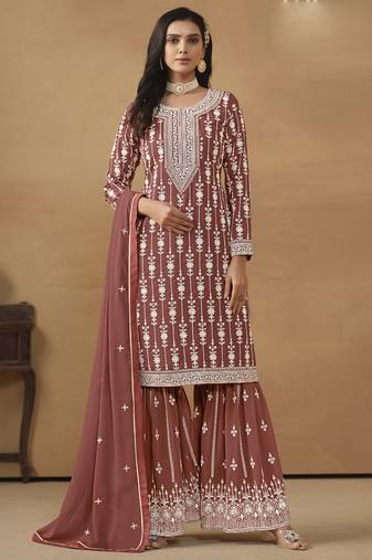 Designer brown faux georgette embroidery sharara suit