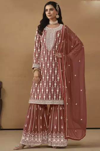 Designer brown faux georgette embroidery sharara suit