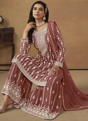 Designer brown faux georgette embroidery sharara suit 3