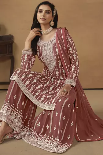 Designer brown faux georgette embroidery sharara suit