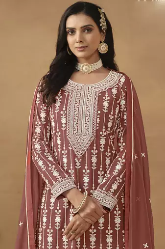 Designer brown faux georgette embroidery sharara suit