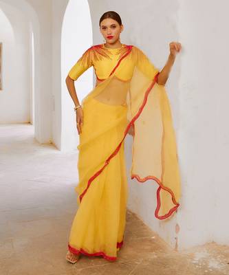 Gulbahar daisy yellow mimosa florgeous saree blouse set 1