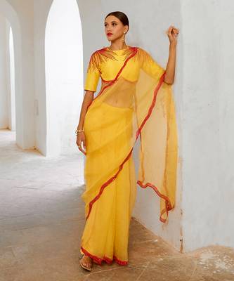 Gulbahar daisy yellow mimosa florgeous saree blouse set 2