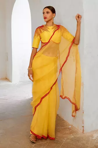 Gulbahar daisy yellow mimosa florgeous saree blouse set