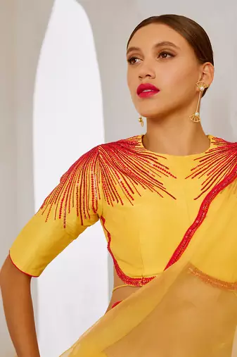 Gulbahar daisy yellow mimosa florgeous saree blouse set