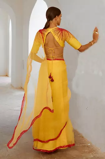 Gulbahar daisy yellow mimosa florgeous saree blouse set