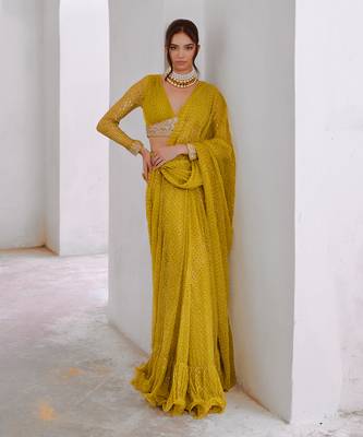 lemon green gulnasheen jugnu drape saree blouse set 1