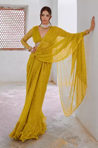 lemon green gulnasheen jugnu drape saree blouse set