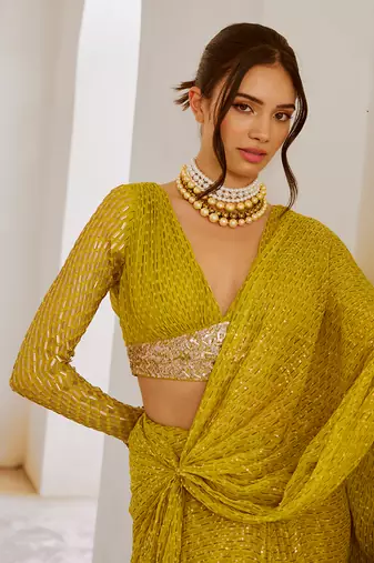 lemon green gulnasheen jugnu drape saree blouse set