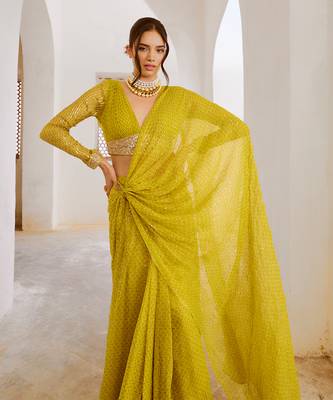 lemon green gulnasheen jugnu drape saree blouse set 4