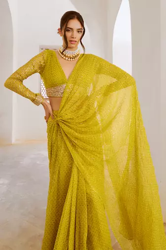 lemon green gulnasheen jugnu drape saree blouse set