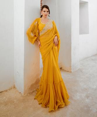 Marigold gulbahar saree with balloon sleeve blouse set 1