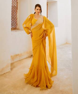Marigold gulbahar saree with balloon sleeve blouse set 2