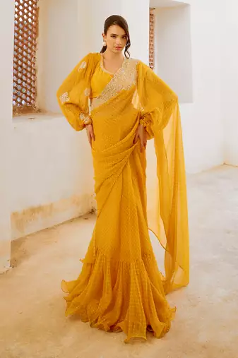 Marigold gulbahar saree with balloon sleeve blouse set