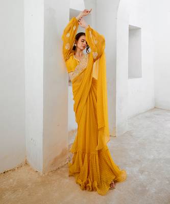 Marigold gulbahar saree with balloon sleeve blouse set 3