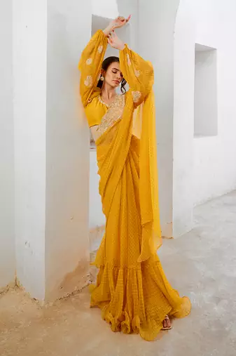 Marigold gulbahar saree with balloon sleeve blouse set