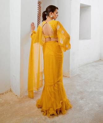 Marigold gulbahar saree with balloon sleeve blouse set 4