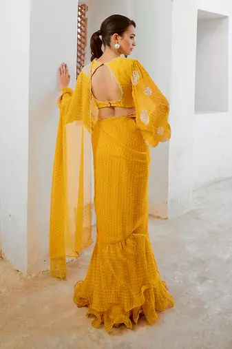 Marigold gulbahar saree with balloon sleeve blouse set