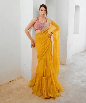 Marigold gulbahar saree with laal blouse set 1