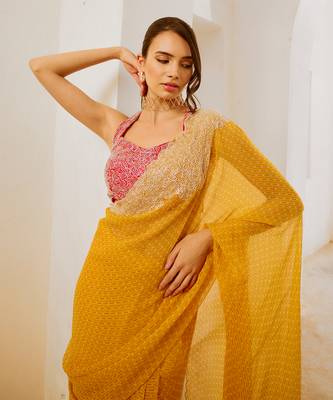 Marigold gulbahar saree with laal blouse set 2