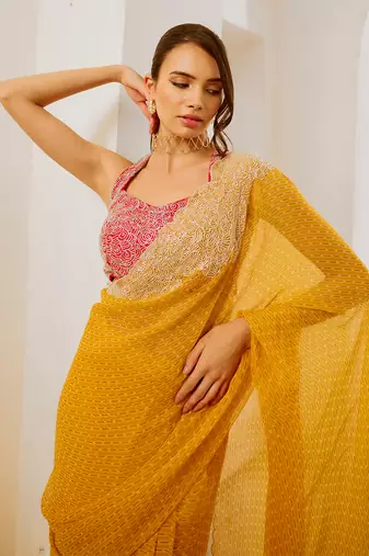 Marigold gulbahar saree with laal blouse set