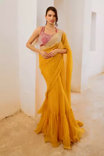 Marigold gulbahar saree with laal blouse set