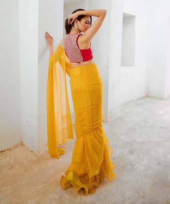 Marigold gulbahar saree with laal blouse set 4