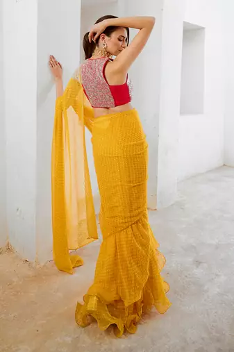 Marigold gulbahar saree with laal blouse set