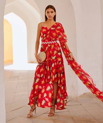 Chilly red poppy  gul dress drape saree with belt 1