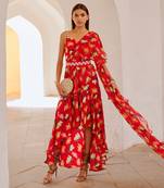Chilly red poppy  gul dress drape saree with belt