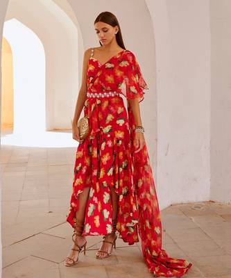Chilly red poppy  gul dress drape saree with belt 2