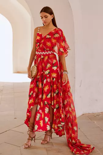 Chilly red poppy  gul dress drape saree with belt