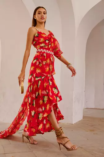Chilly red poppy  gul dress drape saree with belt