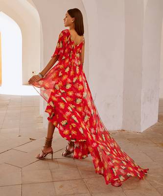 Chilly red poppy  gul dress drape saree with belt 4
