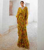 Gulbahar bumblebee green saree with boho frill blouse set