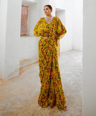 Gulbahar bumblebee green saree with boho frill blouse set 3
