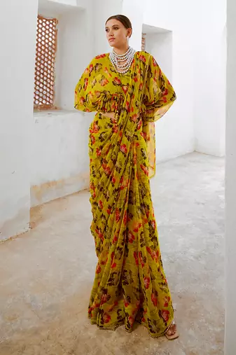 Gulbahar bumblebee green saree with boho frill blouse set