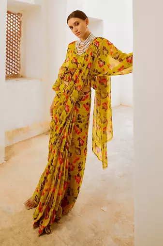 Gulbahar bumblebee green saree with boho frill blouse set