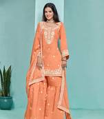 Orange embroidered roman silk semi stitched sharara suit