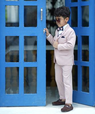 Self-checked light pink and blue coat suit for boys 4