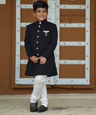 Black coloured self-textured achkan for weddings 1
